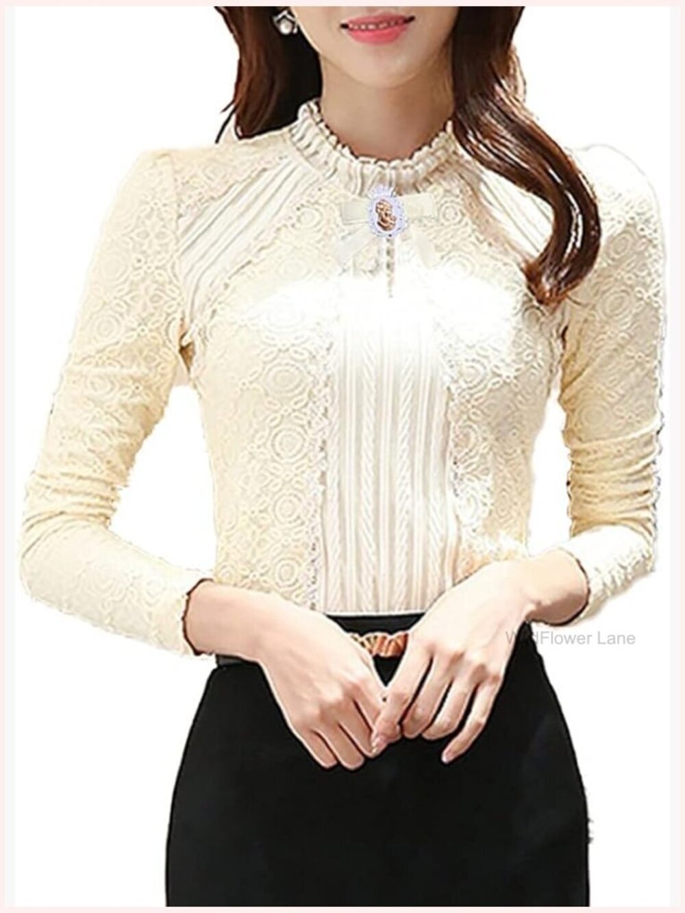 Vintage Beaded Buttons Pleated Shirt Long Sleeve Lace Stretchy Blouse
